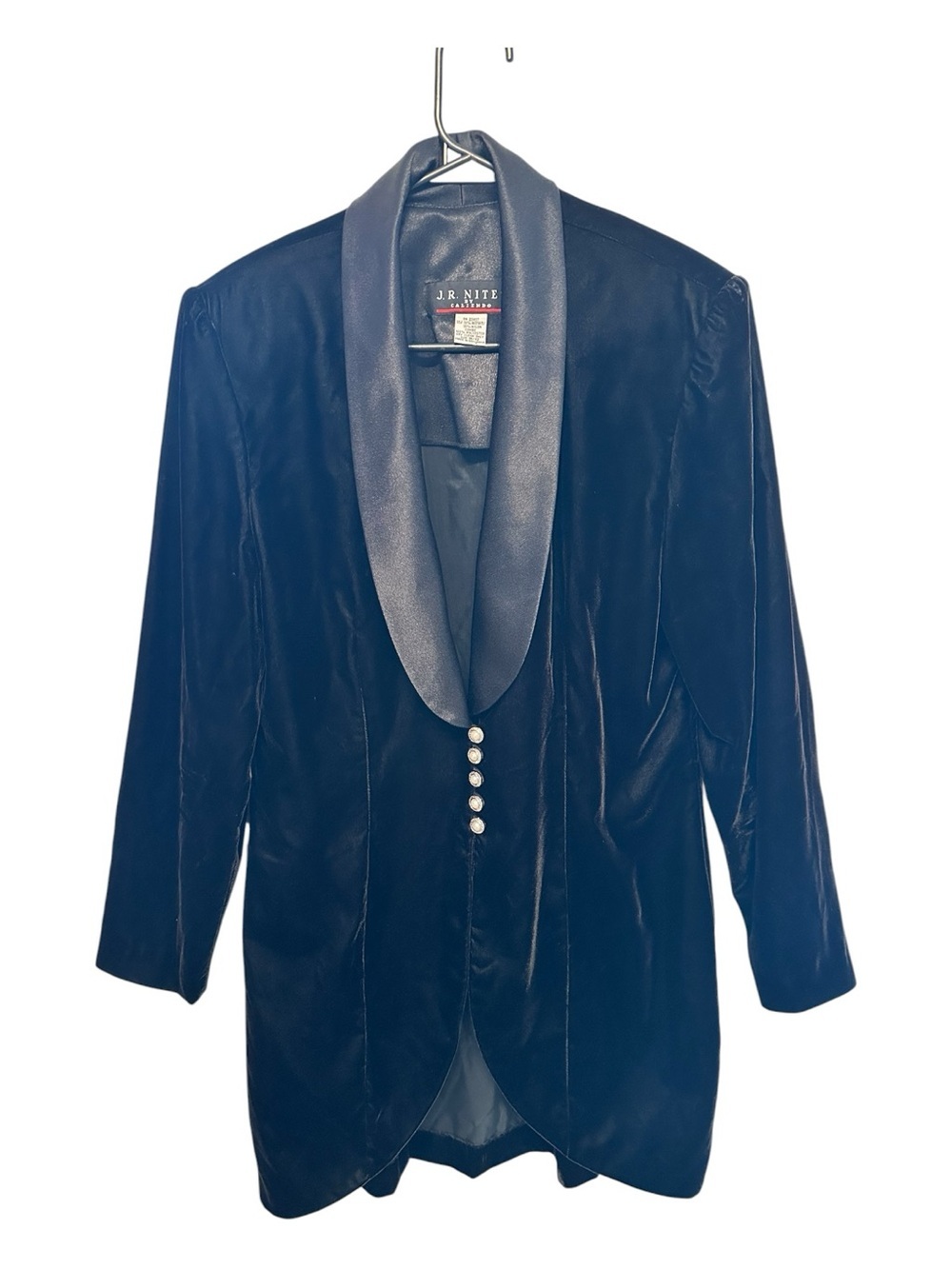 Vintage 80s/90s J.R. Noted Black Velvet Long Blazer with Satin Shawl Collar L